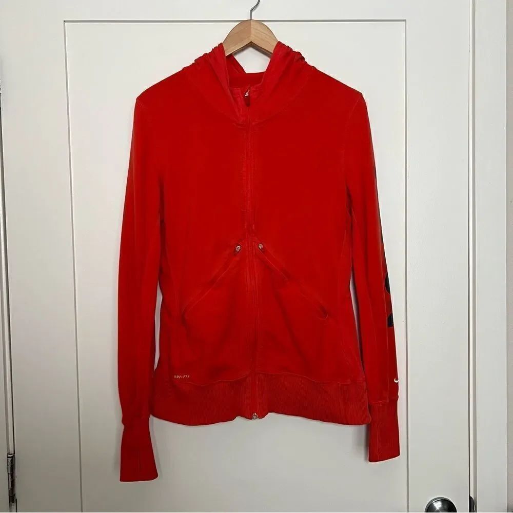 Nike Dri Fit Hoodie Womens Sz Large Red Full Zip Logo Athletic Gym Workout